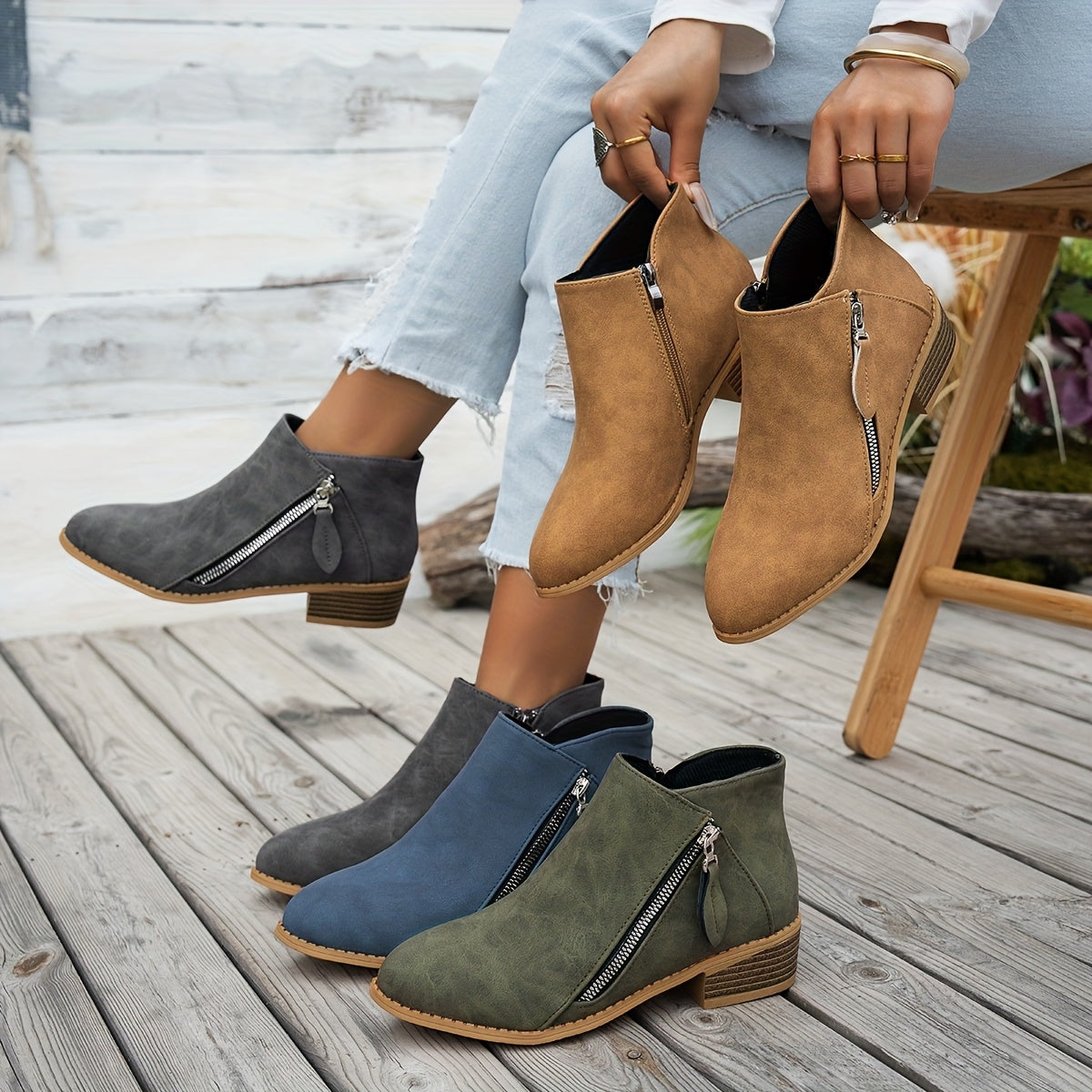 Women's Ankle Boots Pointed Toe Faux Leather Side Zipper All-Season Brown