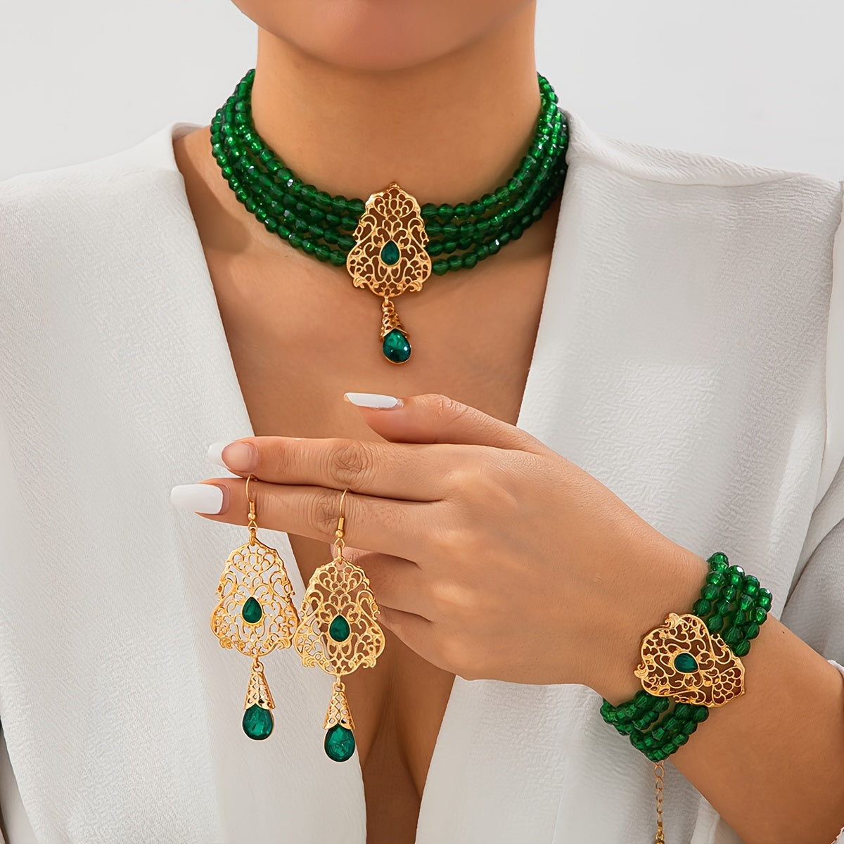 Set of 4 Elegant Crystal Water Drop Jewelry Set for Women Necklace Bracelet Earrings Gold Tone