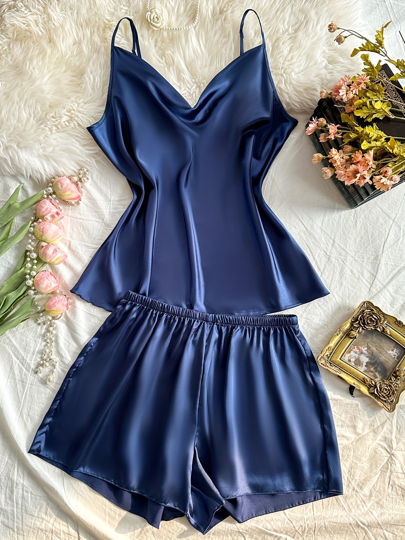 Plus Size Womens Sleeveless V-Neck Pajama Set Polyester Blend All-Season Sleepwear