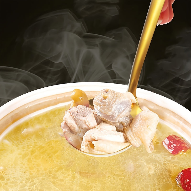 Juego de 6 utensilios de cocina de acero inoxidable en dorado, negro y plateado incluye espátula, cuchara para arroz, colador y cuchara para sopa