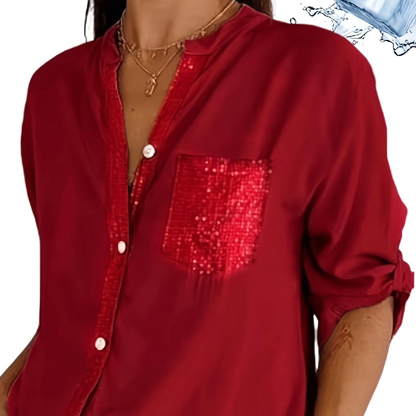 Women's Polyester Long-Sleeve Button-Up Shirt with Patch Pockets Casual All-Season