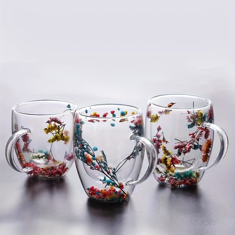 Double-Walled Glass Mug 11.83oz with Dried Flowers for Coffee Tea Juice