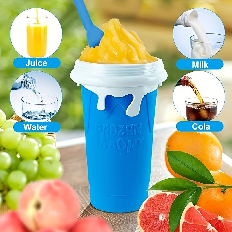 1 dona Silikon Slushy Cup Maker bilan qopqoq, quvur va cho'tkalar bilan - 16.91oz Ikki qatlamli tez muzlatish uchun siqish kubogi - dumaloq shakl, Oila va do'stlar uchun ideal sovg'a, yozgi ichimliklar uchun