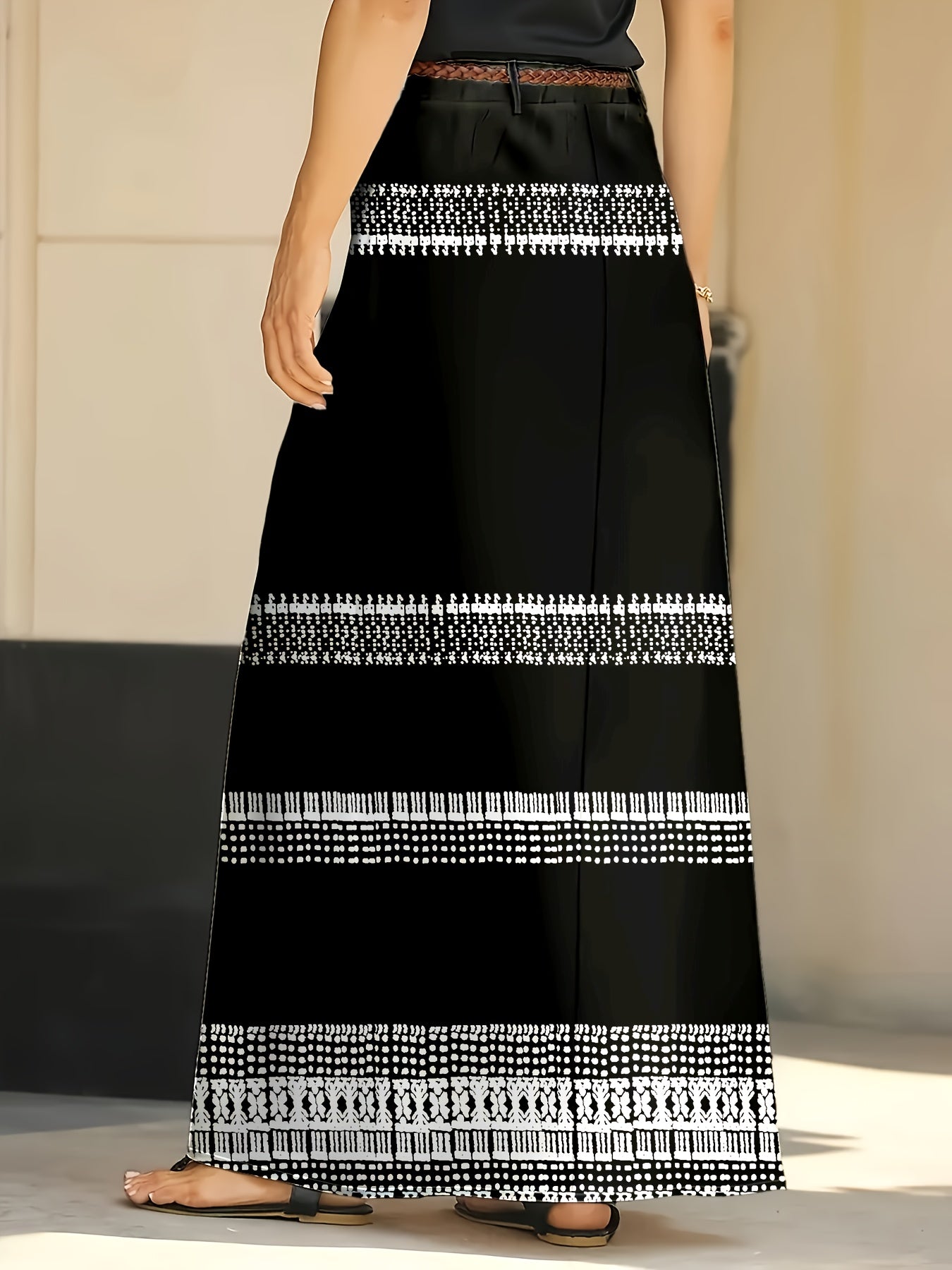 Women's Polyester Midi Skirt with Pockets, Black and White Pattern