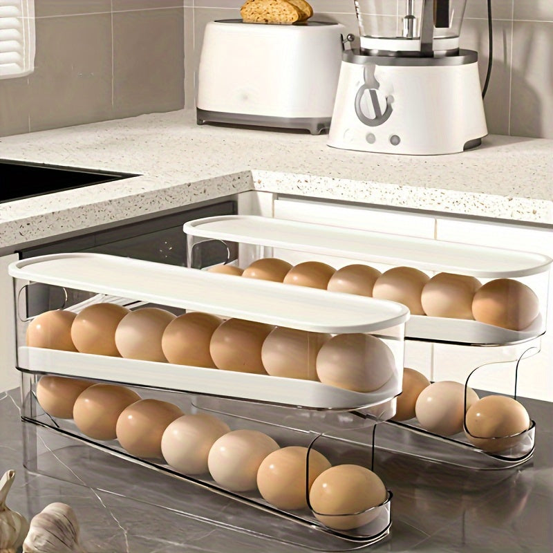 Organizador de nevera de plástico transparente con dispensador de doble capa para huevos
