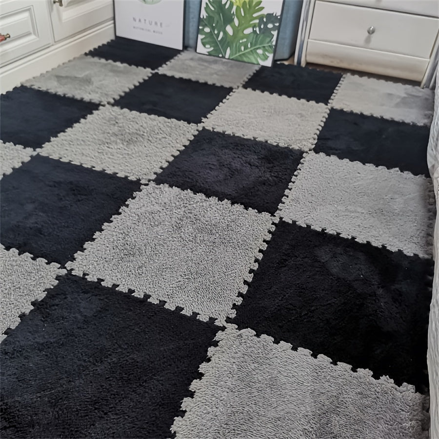 Juego de 12 alfombrillas de felpa con patrón de ajedrez en blanco y negro de 29,97x29,97cm para sala de estar y dormitorio