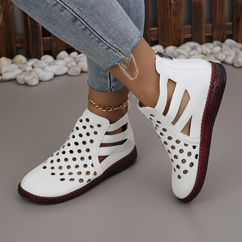 Women's Rhinestone Ankle Boots with Cut-Outs Zipper Flat Sole All-Season