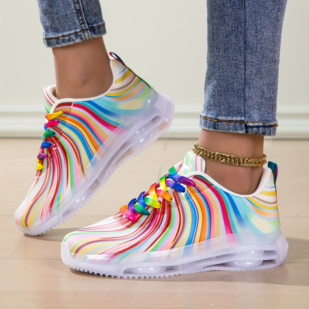 Women's Mesh Lace Sneakers with Rainbow Stripes Casual Flat Shoes for Summer