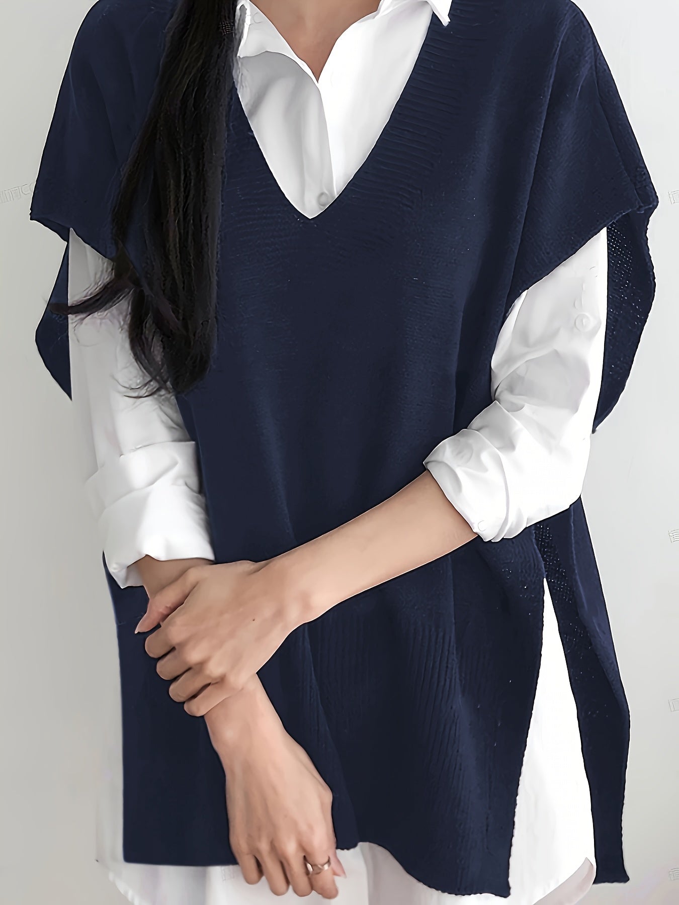 Women's Plus Size V-Neck Slit Top Stretchy Semi-Sheer Blouse