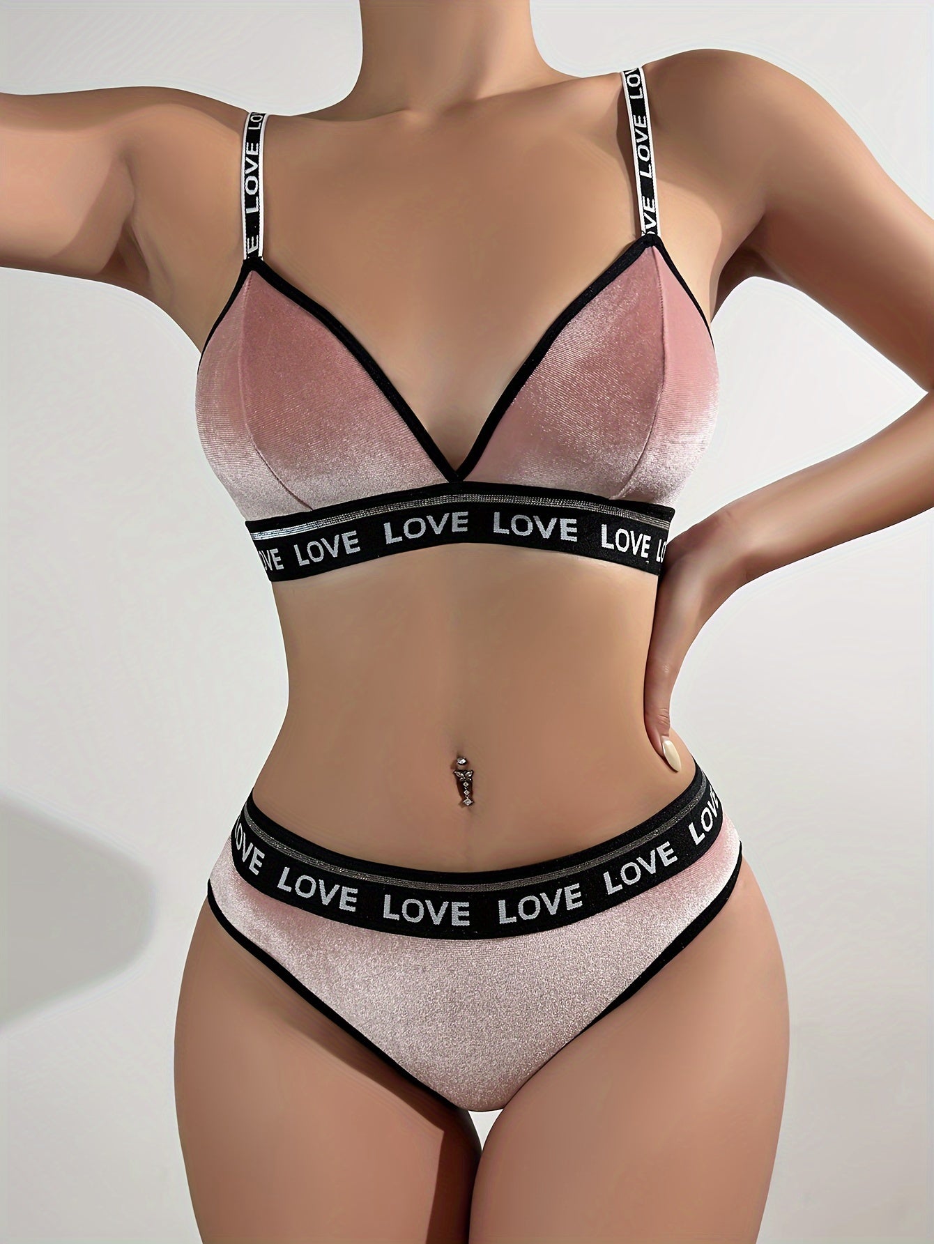 Women's Letter Shoulder Strap Bra and Mid-Waist Panty Set Soft Comfortable Lingerie