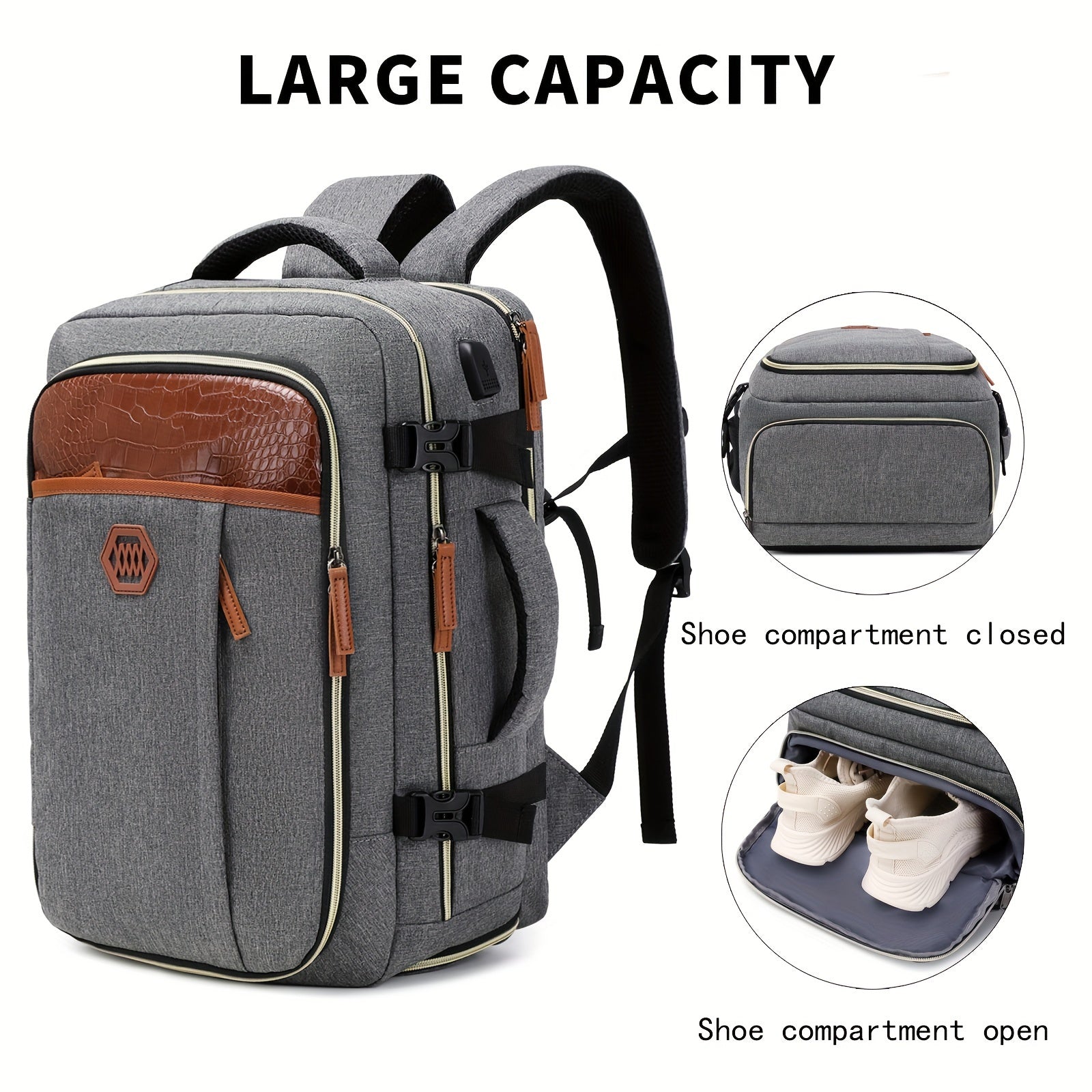 Men's Travel Backpack with Shoe Compartment USB Charging Port 15.6 Inch Laptop Bag for Business and College