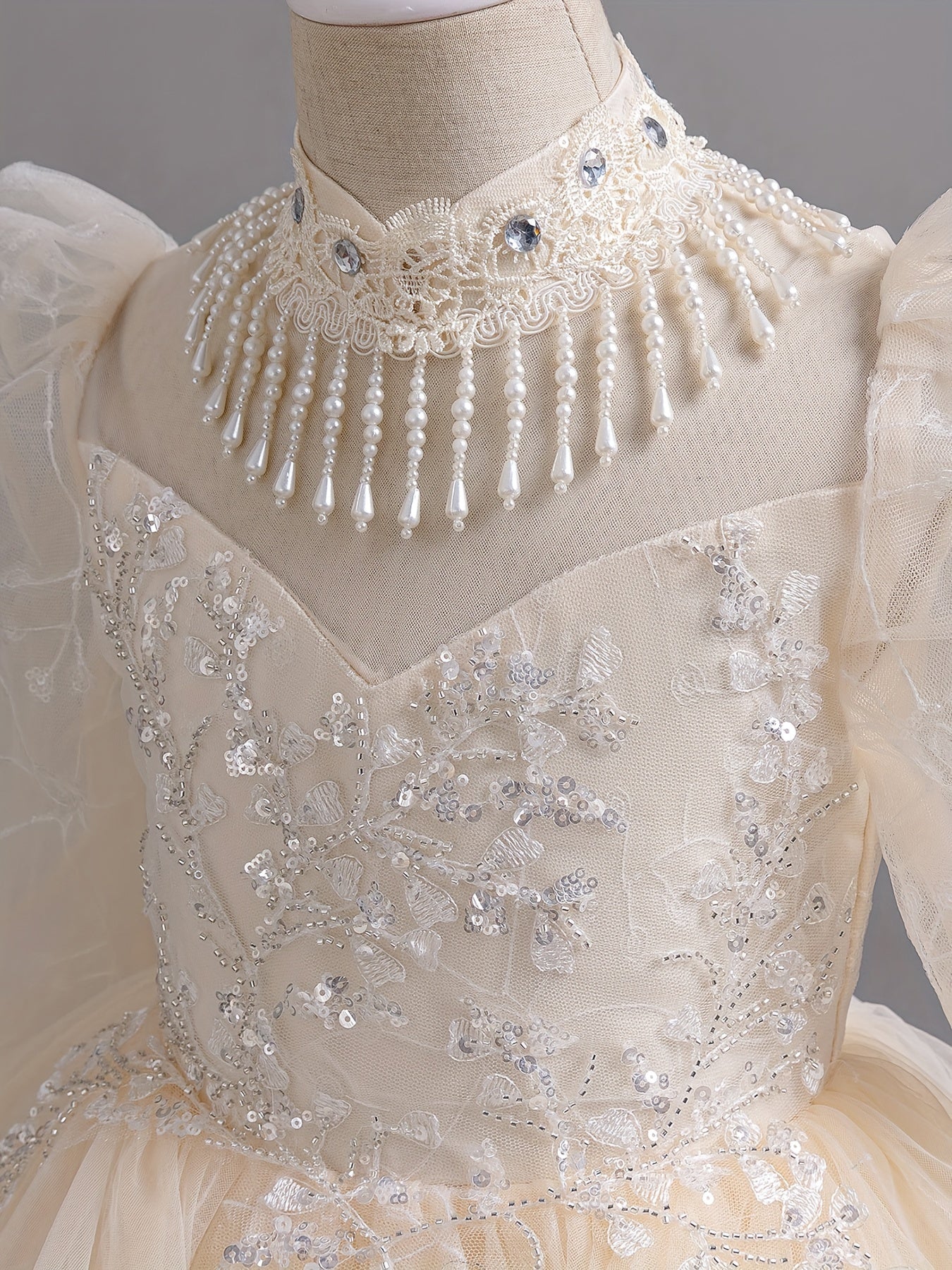 Girls Long Sleeve Evening Gown with Pearl Detail for Girls' Formal Events Polyester Dress