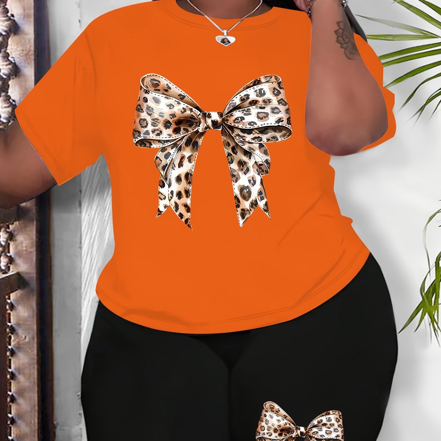 Plus Size Women's Leopard Print Bowknot Casual Sportswear Set
