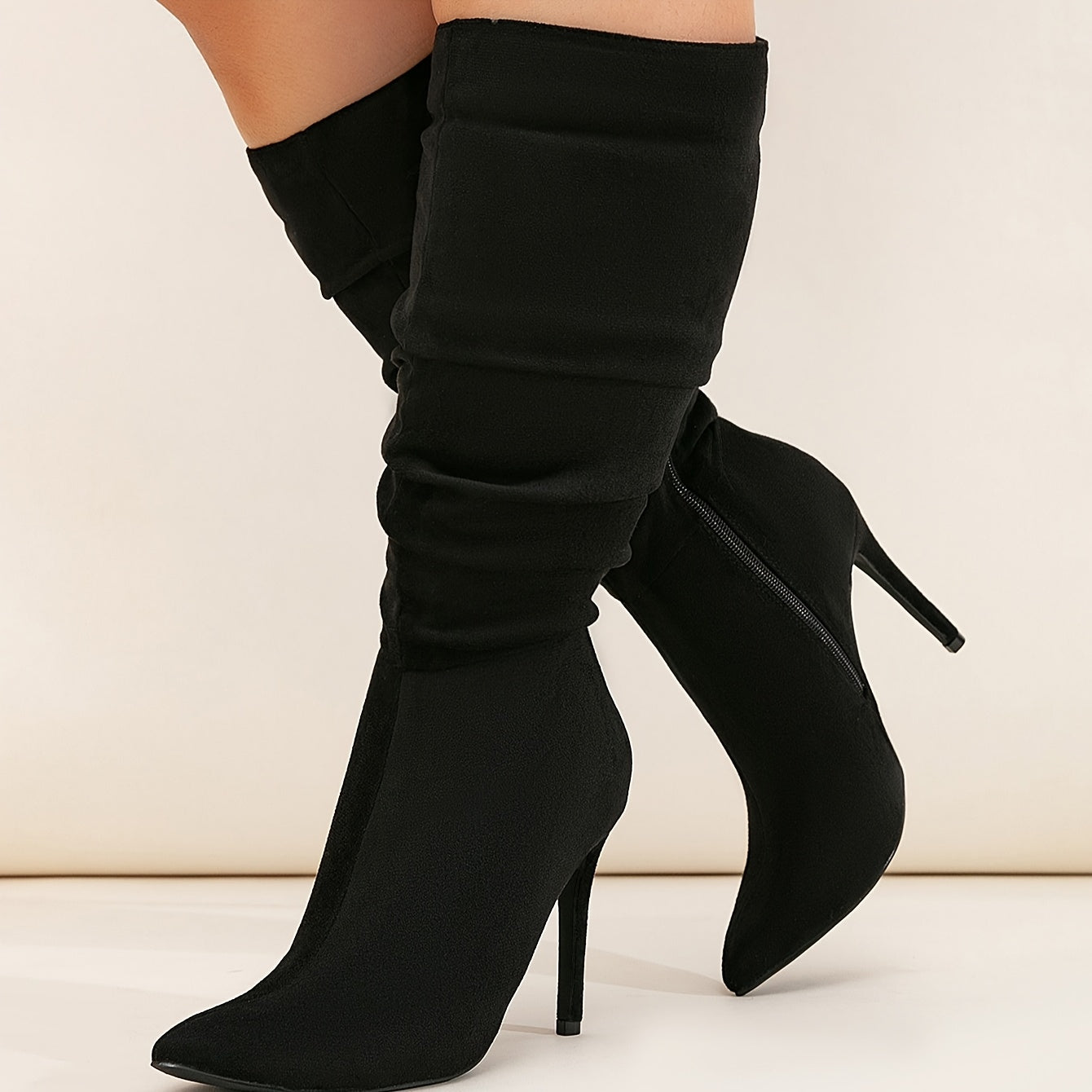 Women's Wide Fit Pointed Toe Stiletto Ankle Boots Black Fabric Shoes