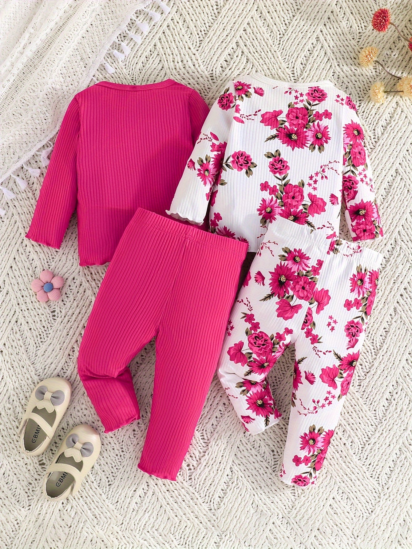 Набор одежды для девочек 4 предмета: розовая блузка с длинным рукавом, цветные штаны с цветочным принтом, полиэстеровая смесь, удобная одежда для прогулок на улице