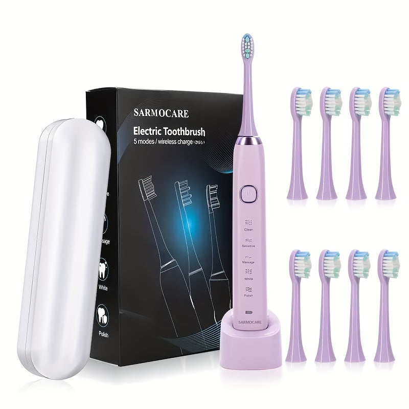 Перезаряжаемая электрическая зубная щетка для взрослых с 5 режимами и 8 сменными насадками.
