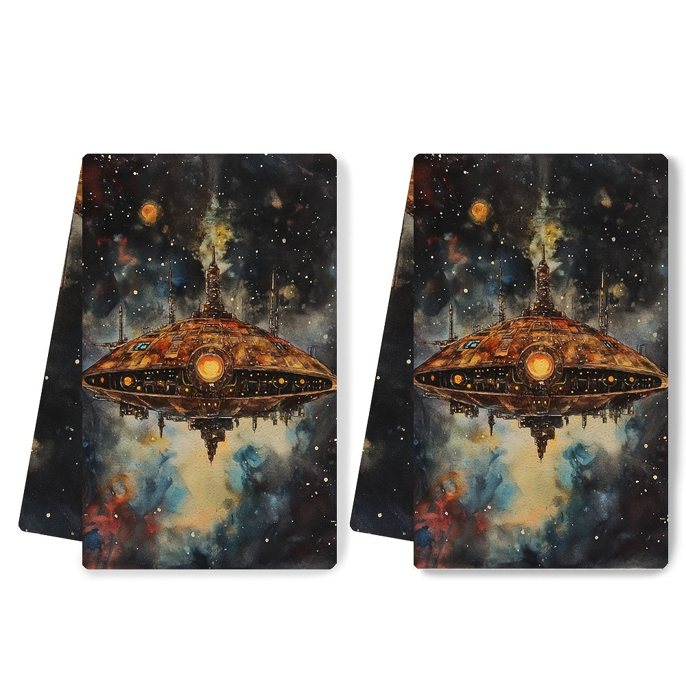Set of 2 Coastal Spaceship Kitchen Towels 40x60cm Absorbent Polyester