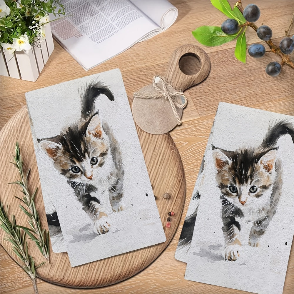 Absorbent Kitchen Towels Set 2, Kitten Walk Design, 40x60 Inches