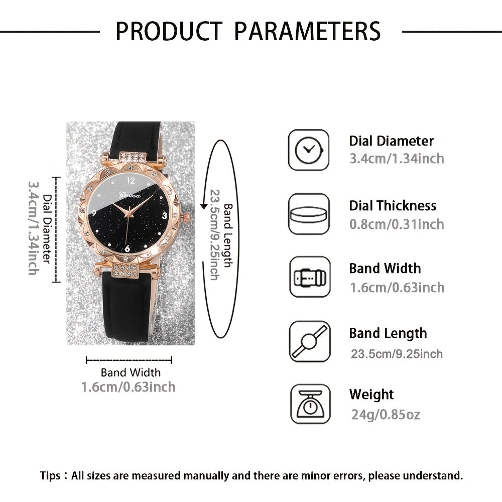Набор из 5 черных кварцевых часов с камнями и кожаным ремешком, а также набор украшений