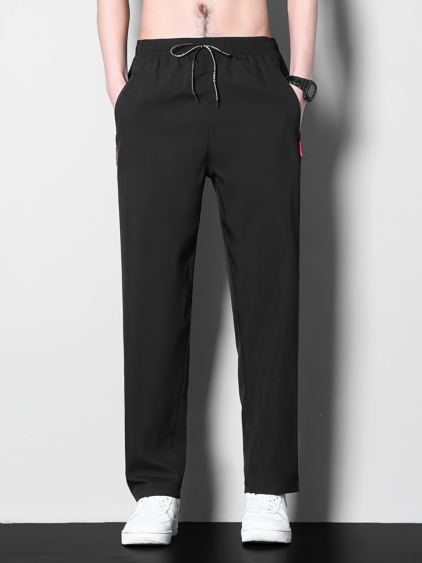 Men's Solid Polyester Casual Pants with Zipper Pockets for Summer Outdoor Activities