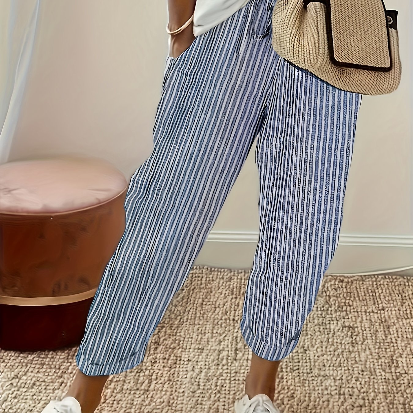 Women's High-Waisted Striped Wide Leg Pants Lightweight Polyester All-Season Casual