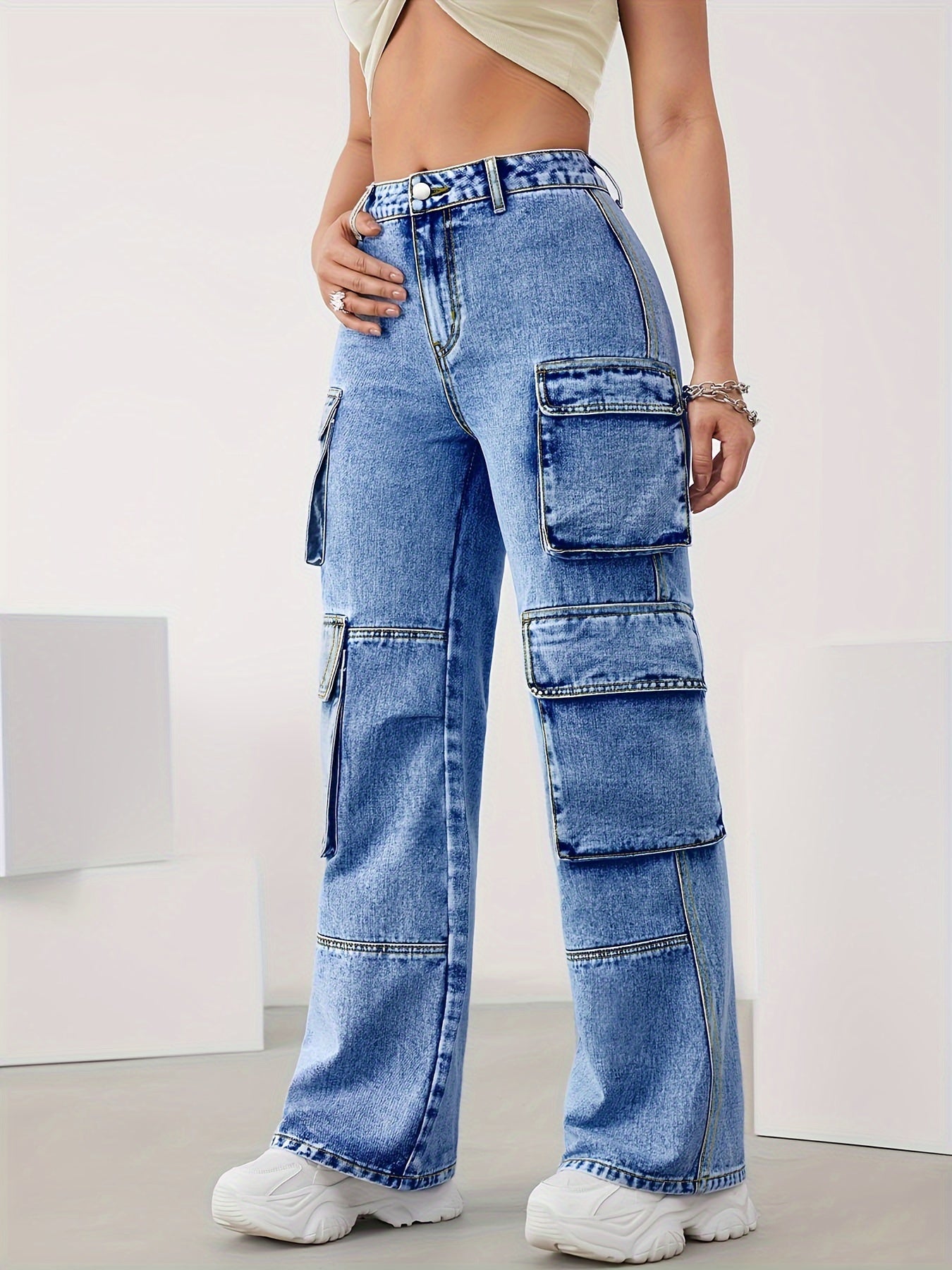 Jeans cargo de talle alto para mujer talla plus con múltiples bolsillos y denim elástico