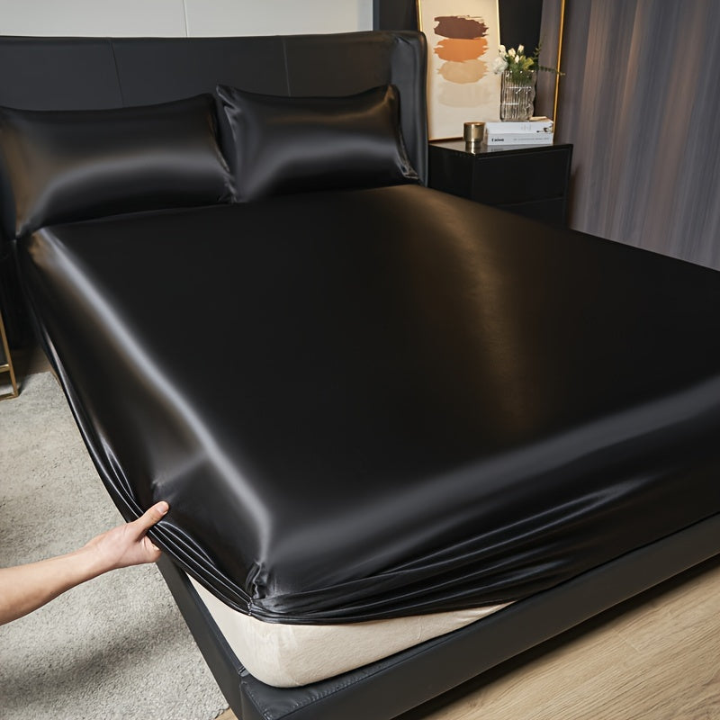 Juego de ropa de cama de satén sólido con funda de colchón ajustable de bolsillos profundos y fundas de almohada