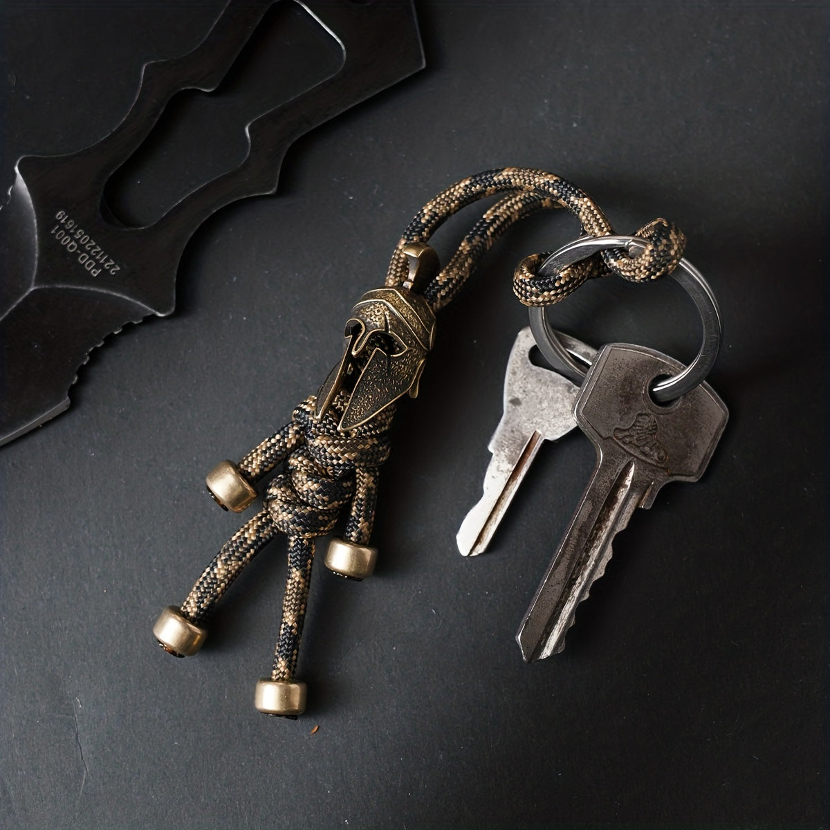 Brass Car Keychain with Metal Backpack Accent in Rich Brown