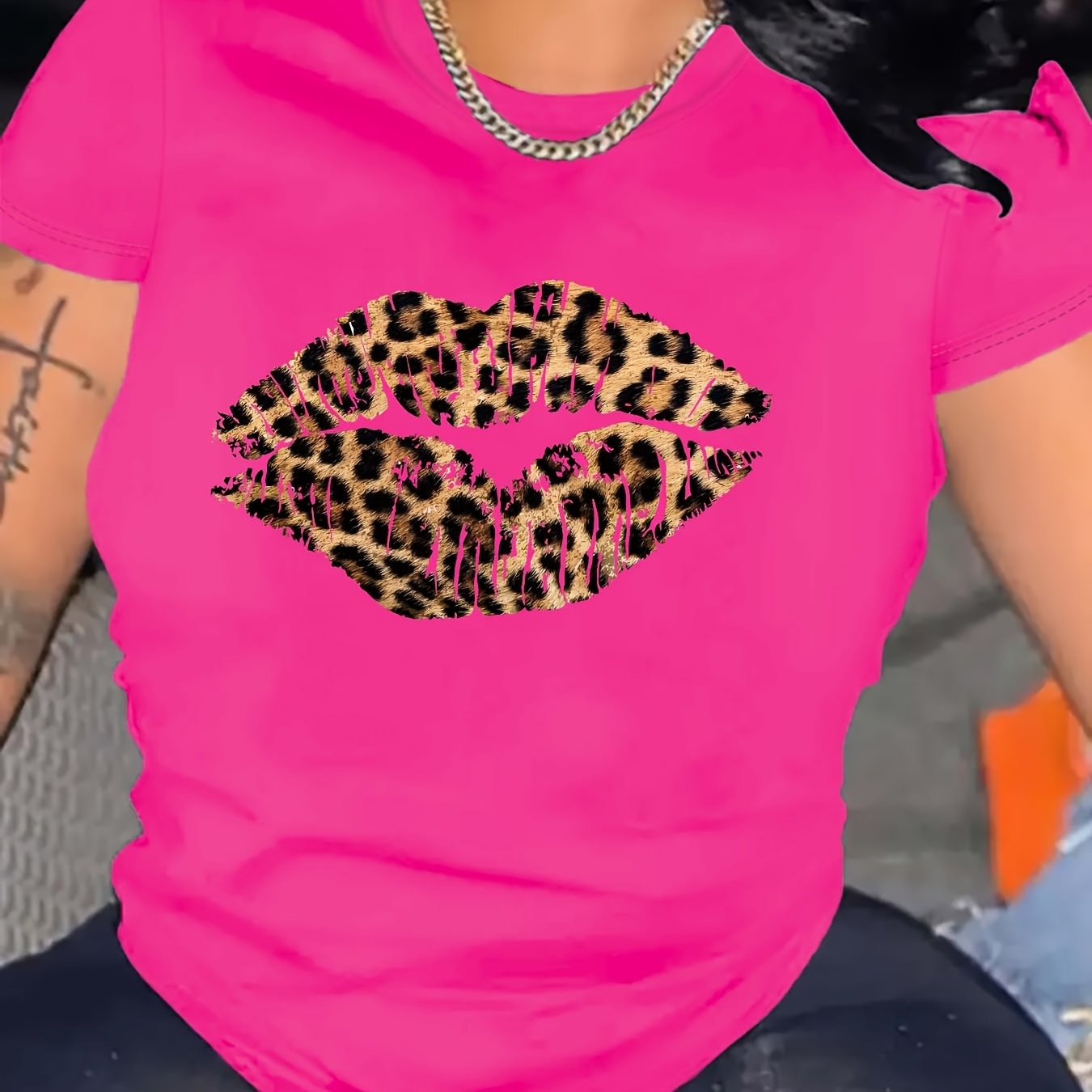 Women's Leopard Lip Print Crew Neck T-Shirt Casual Summer Spring Polyester