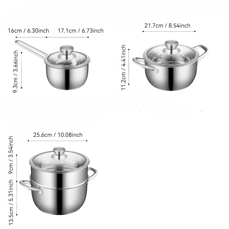 Набор из 3 нержавеющих стальных кастрюль для приготовления пищи и пароварки