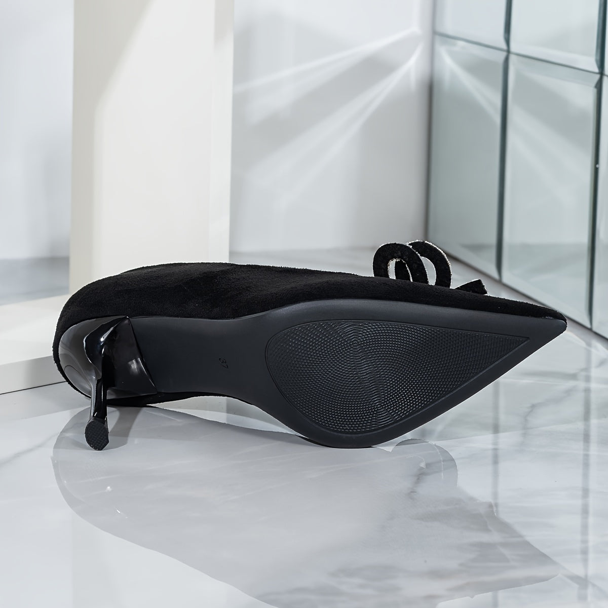 Women's Black Velvet Stiletto Heels with Rhinestone Bow Pointed Toe Pumps