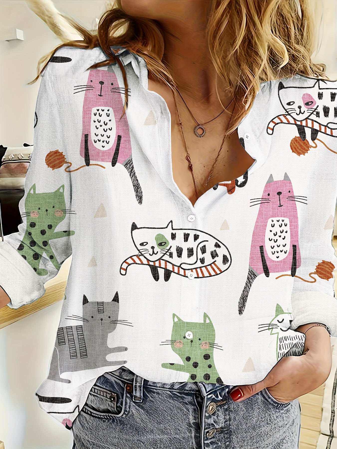 Women's Long Sleeve Casual Shirt Polyester Spandex with Cat and Fish Print for Spring and Summer