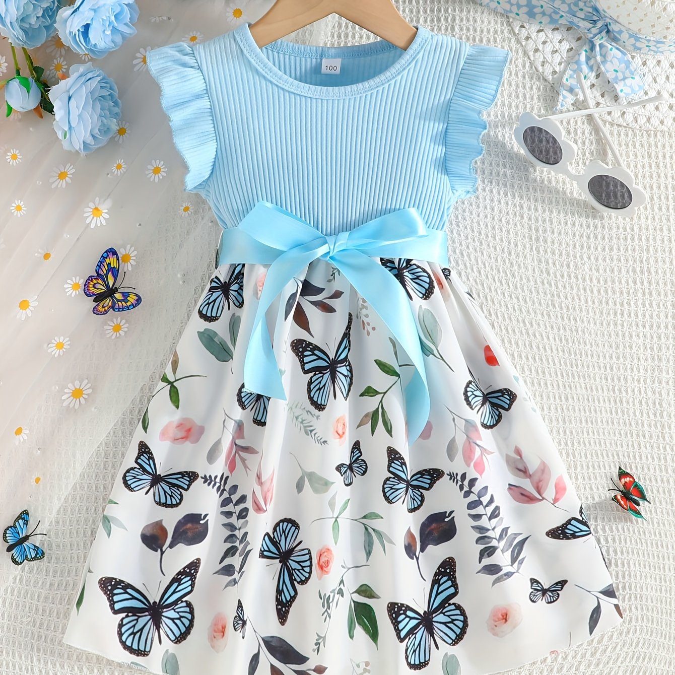 Girls Light Blue Ribbed Cotton Dress with Butterfly Floral Print Flutter Sleeves Belt Summer Casual