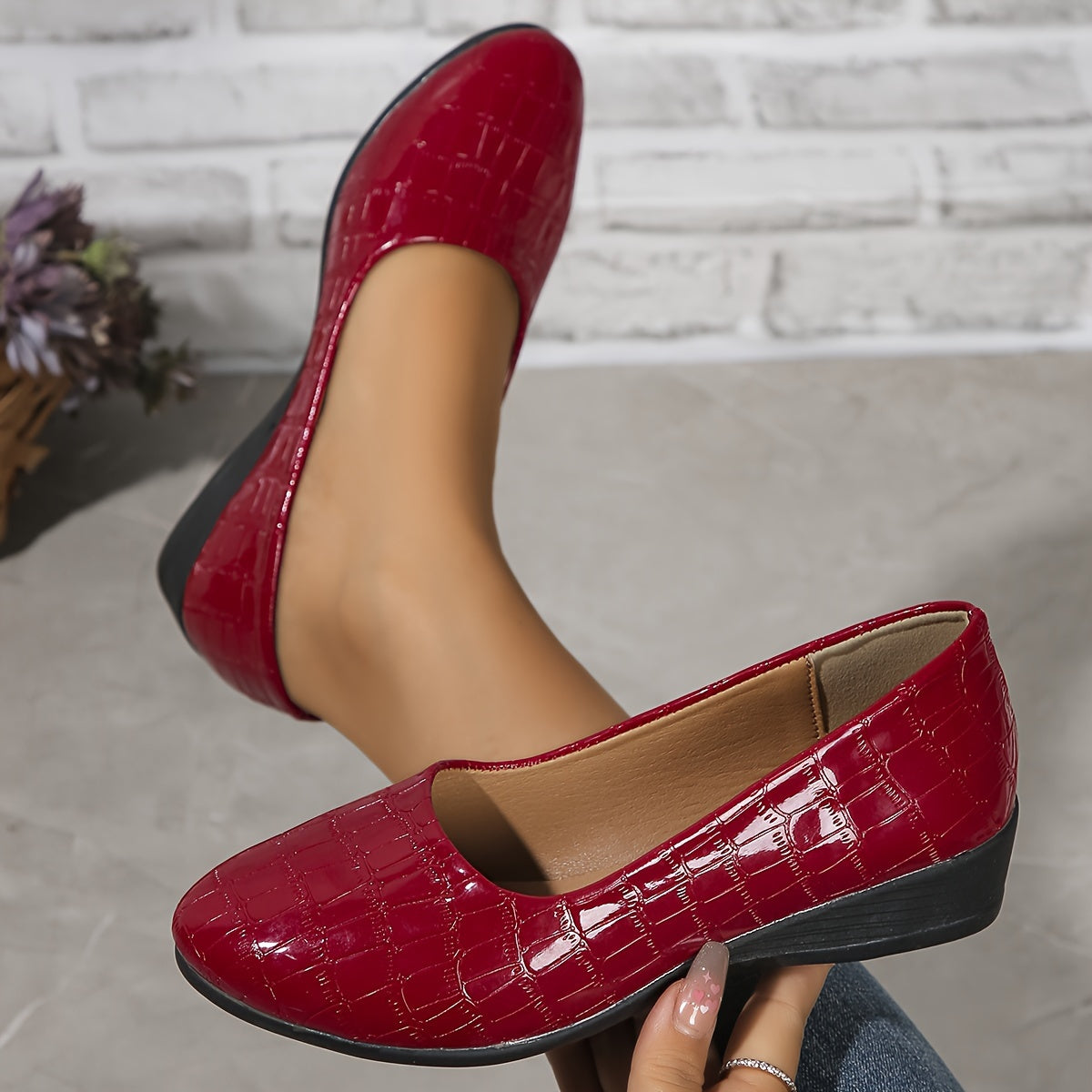 Women's Beige Crocodile-Embossed Wedge Heels Slip-On Comfort Shoes