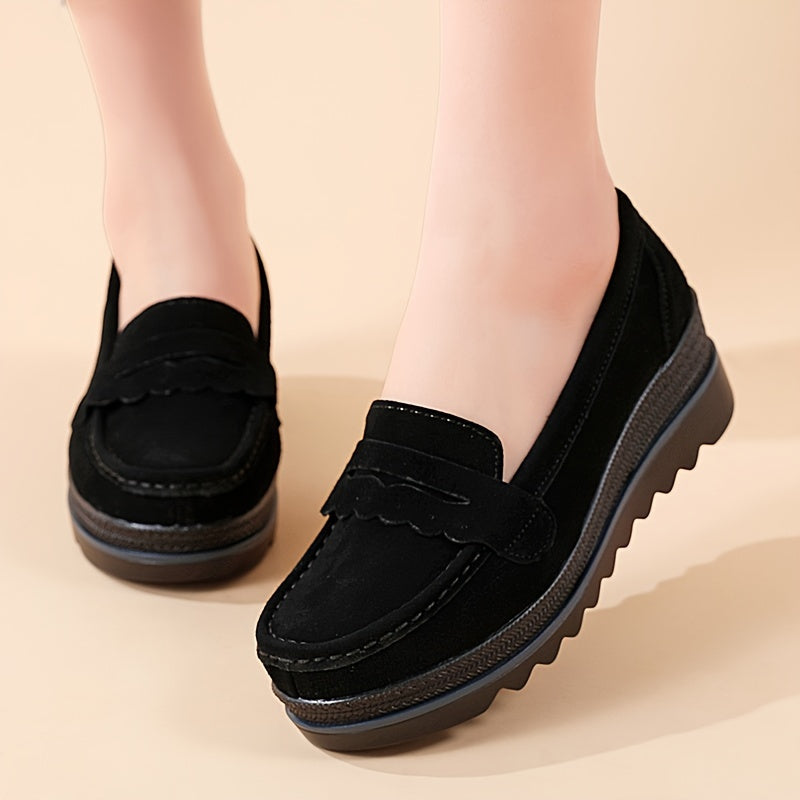 Women's Slip-On Platform Loafers Faux Cover Black Comfortable All-Season Shoes