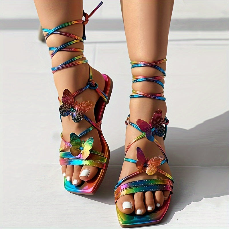 Women's 3D Butterfly Decor Flat Sandals Crisscross Straps Beach Shoes