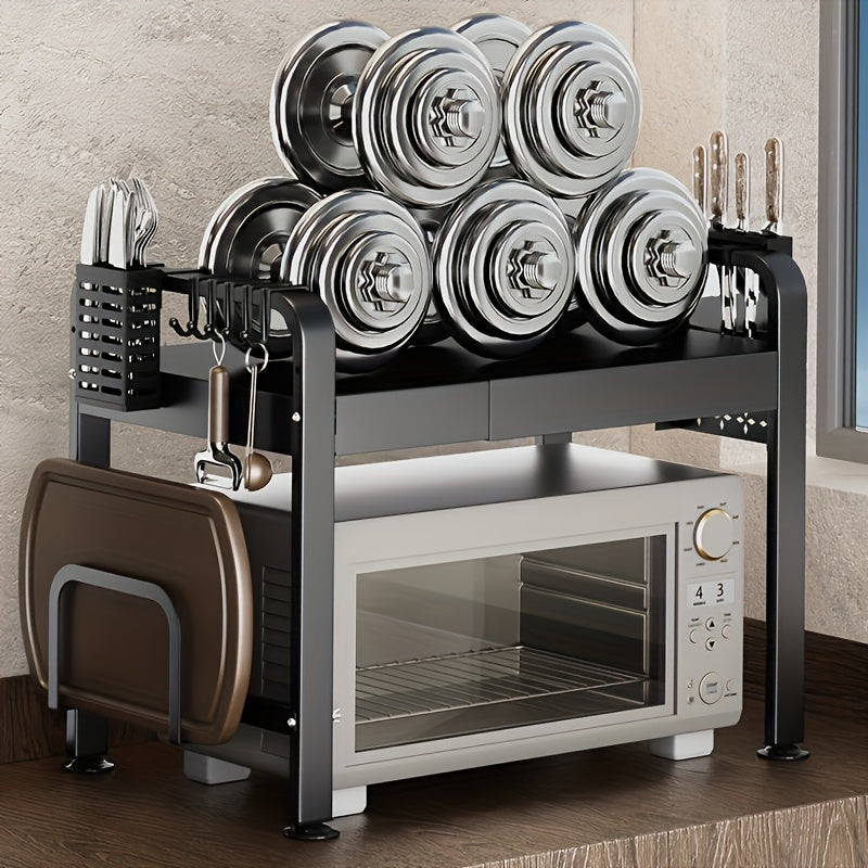 2 Tier Expandable Microwave Oven Rack with Hooks Pot Lid Support Spice Jar Organizer