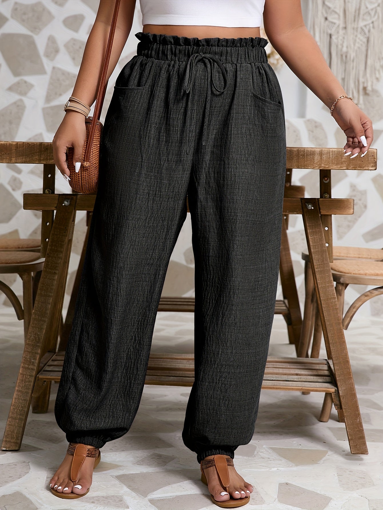 Pantalones casual de talla grande para mujer con cintura elástica y aspecto de arpillera falsa