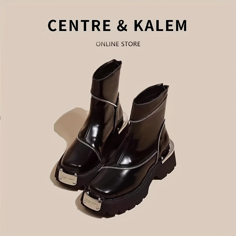 Women's Chunky Microfiber Ankle Boots with Zipper and Rubber Sole