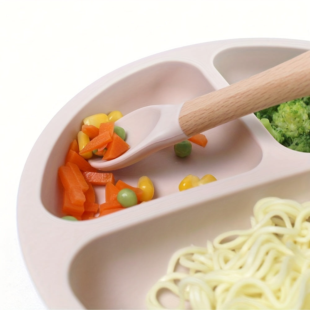 6-Piece Silicone Feeding Set with Divided Plate and Wooden Utensils for Self-Feeding