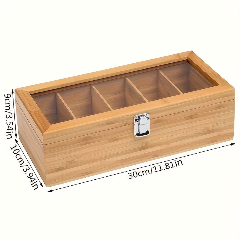 Bamboo Tea Bag Organizer Storage Box with Clear Lid Coffee and Teabag Compartments