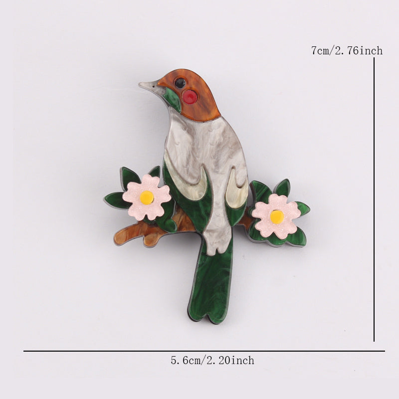 Vintage Inspired Bird Brooch Pin with Acrylic and Enamel Detailing