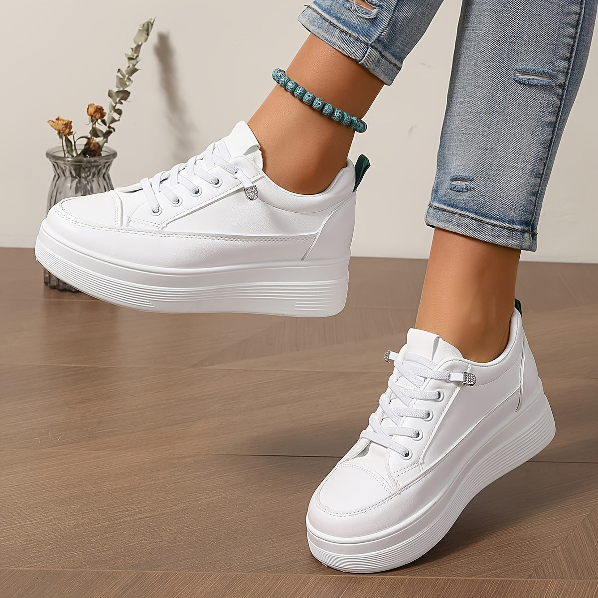 Women's White Platform Sneakers with Rubber Sole and Sequin Detail