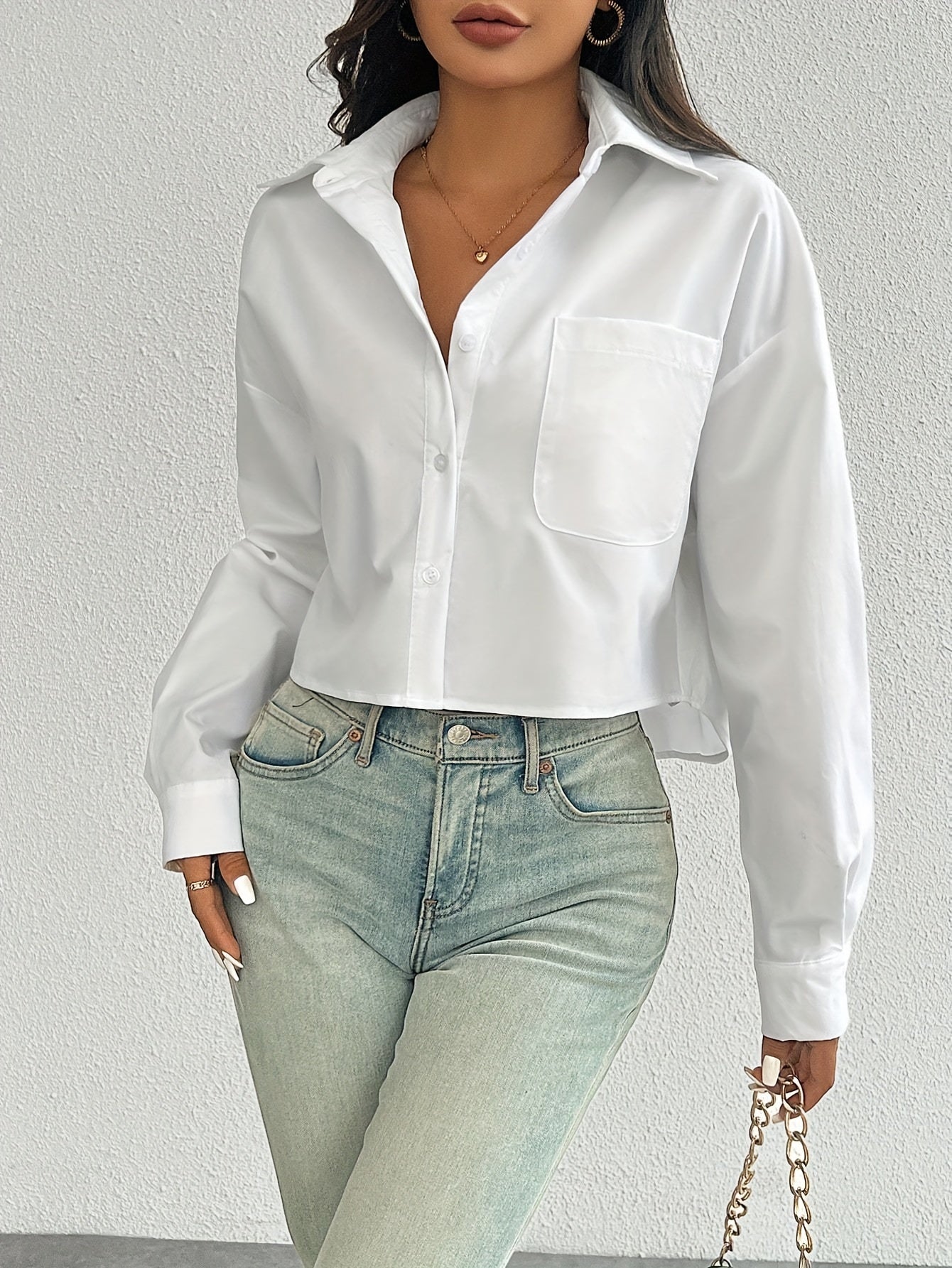 Women's White Casual Shirt Drop Shoulder Long Sleeve Short Style with Pocket Polyester