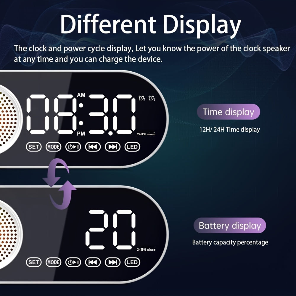 Беспроводная колонка с LED-зеркальным дисплеем, будильником, ярким атмосферным освещением, мощным басом, FM-радио, зарядкой через USB, одним динамиком, не водонепроницаемая, с перезаряжаемой батареей.