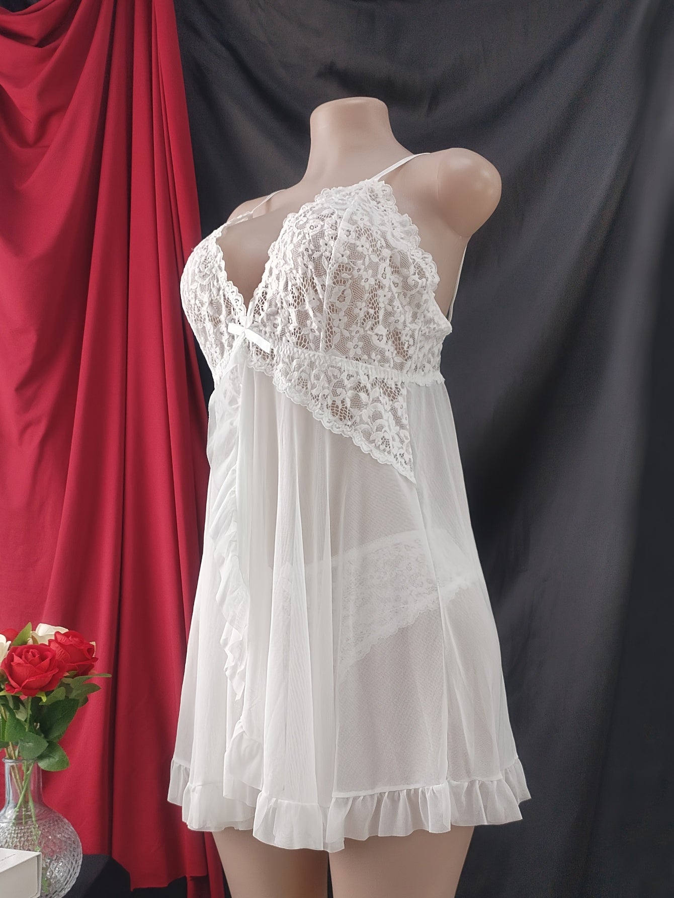 Red Lace Pajama Set for Women Strapless Top Ruffled Hem Romantic Nightwear