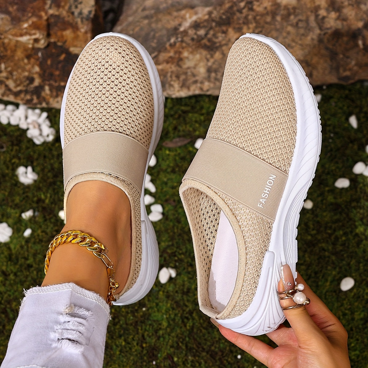 Women's White Slip-On Casual Sneakers Breathable Fabric Lightweight PVC