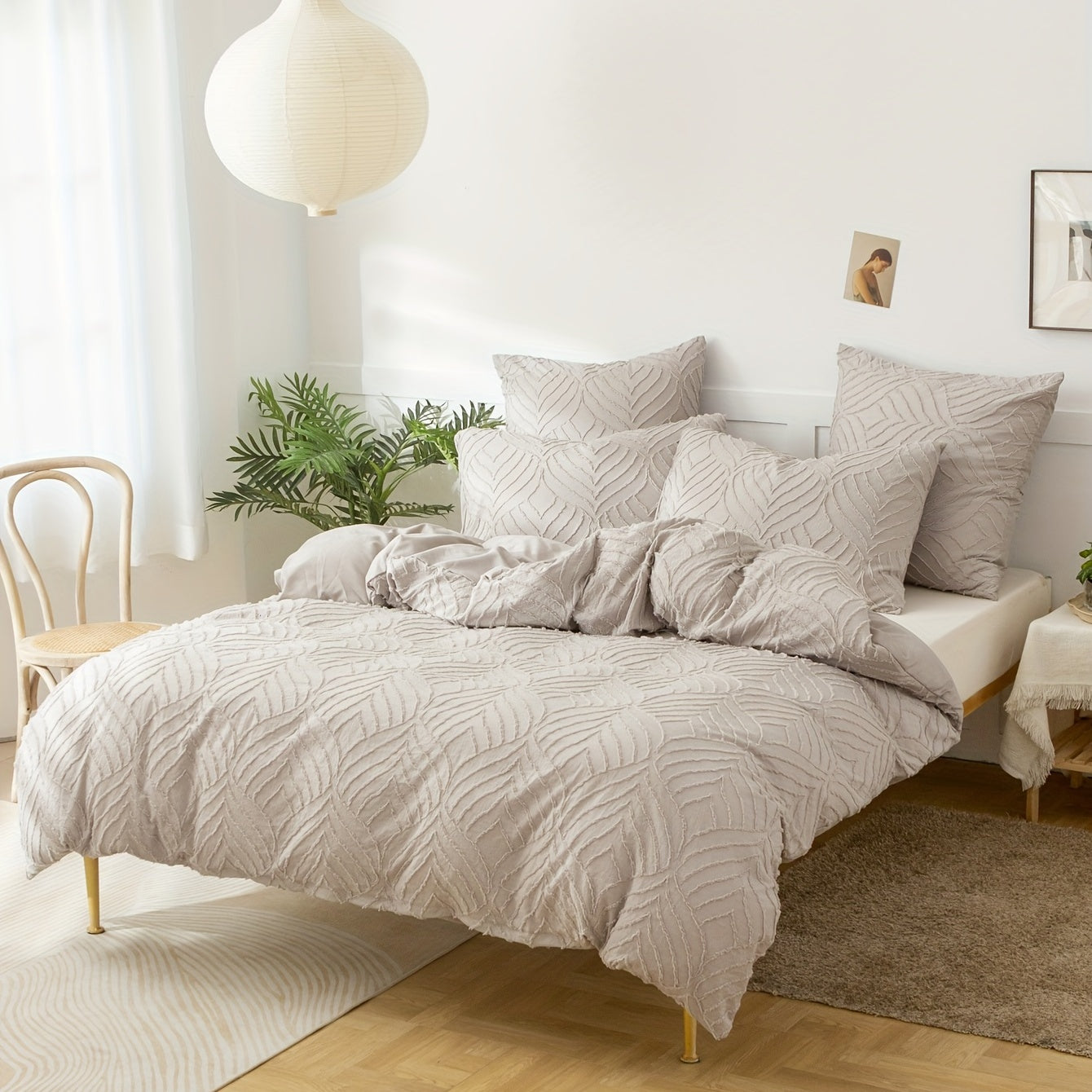 Set of 3 Leaf Jacquard Duvet Cover Sets Soft Breathable Cozy Bedding for Bedroom Guest Room Dorm