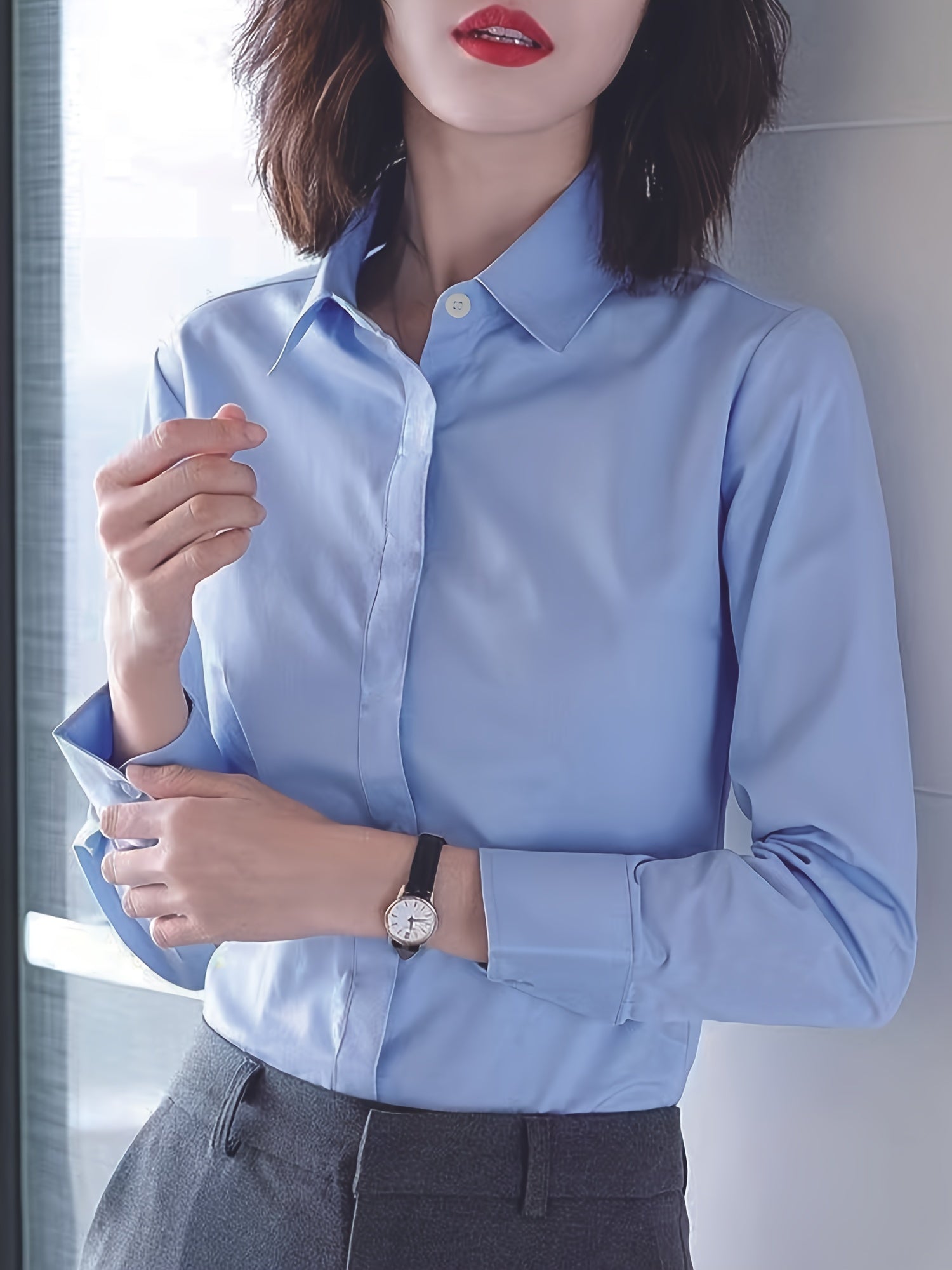 Women's White Long Sleeve Shirt for Work and Career Interviews Polyester Solid Sheer Spring Autumn