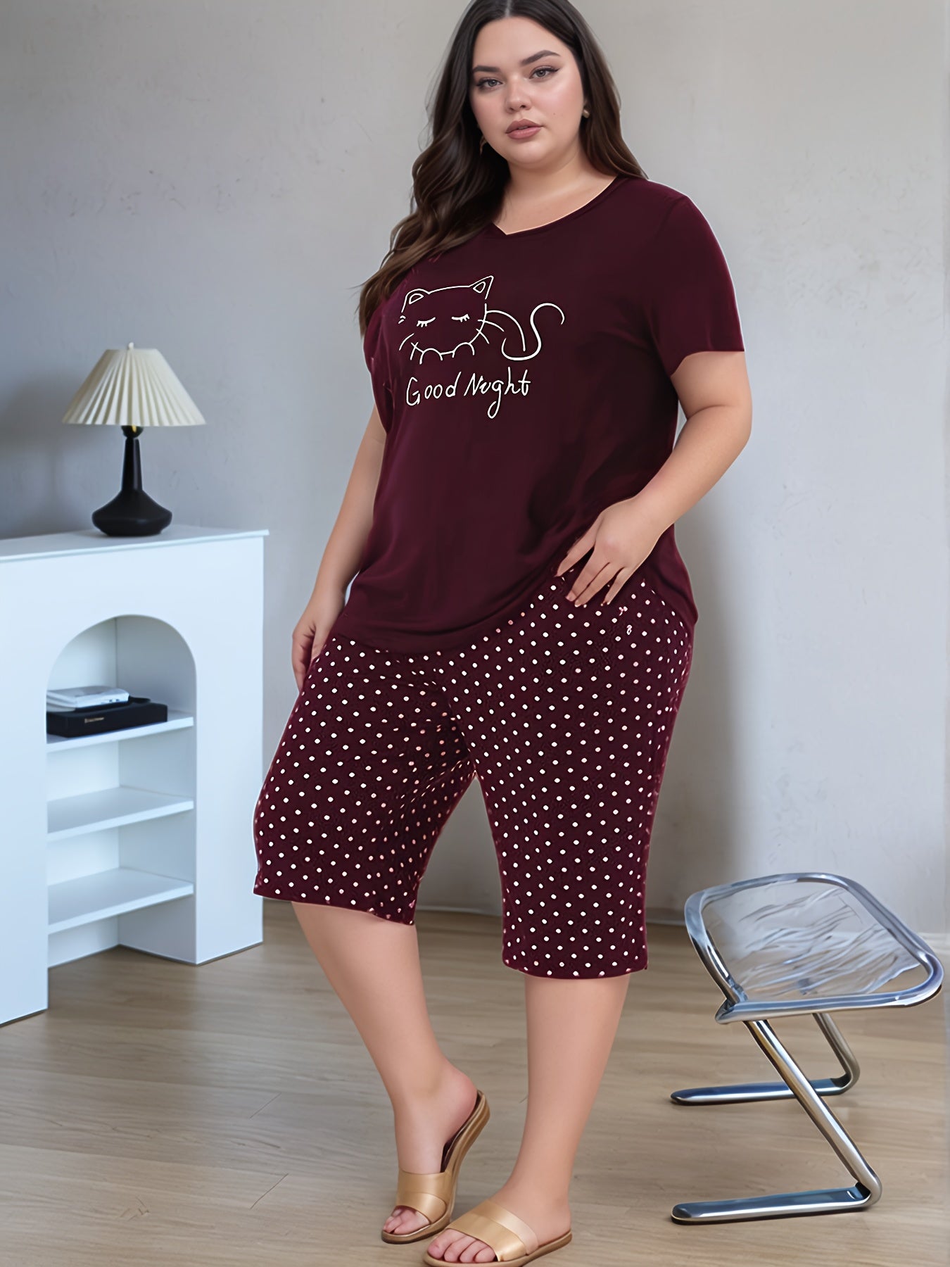 Women's Cotton Pajama Set Kitten Print Short Sleeve Sleepwear Large Size